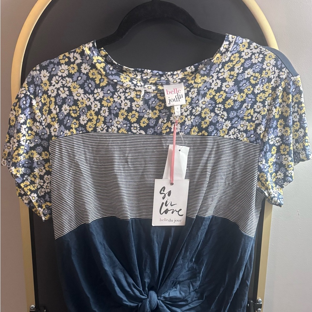 Belle Du Jour Floral and Striped Short Sleeve Top - Blue and Yellow